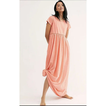 Free People Carissa Tee Maxi Dress in Peach Small Short Sleeve Pullover Cotton