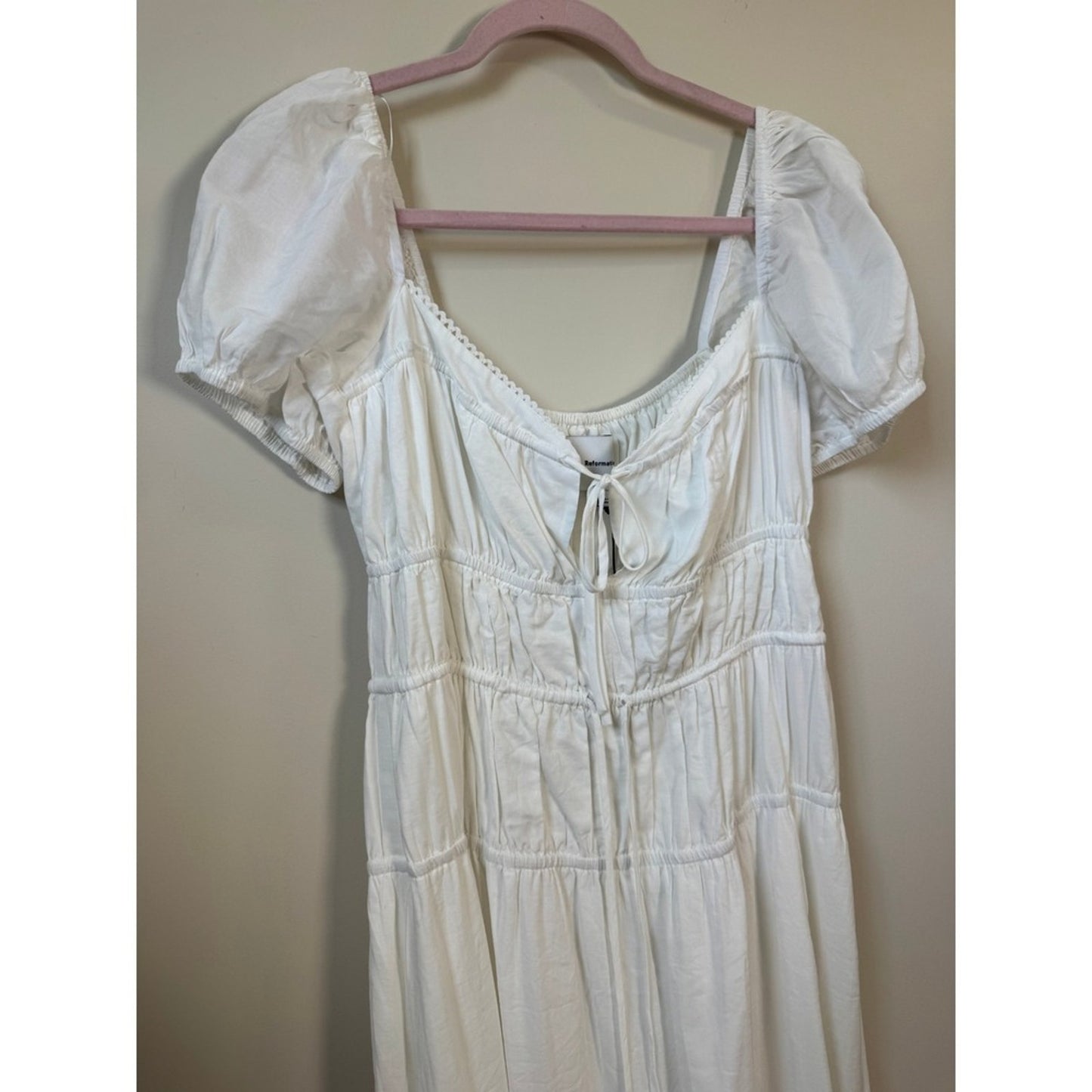 Reformation Rhett Linen Dress White Puff Sleeve Smocked Midi Dress Size 8 NWT