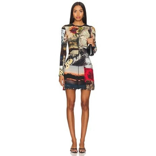 Alice + Olivia Delora Collage Print Long Sleeve Mesh Dress