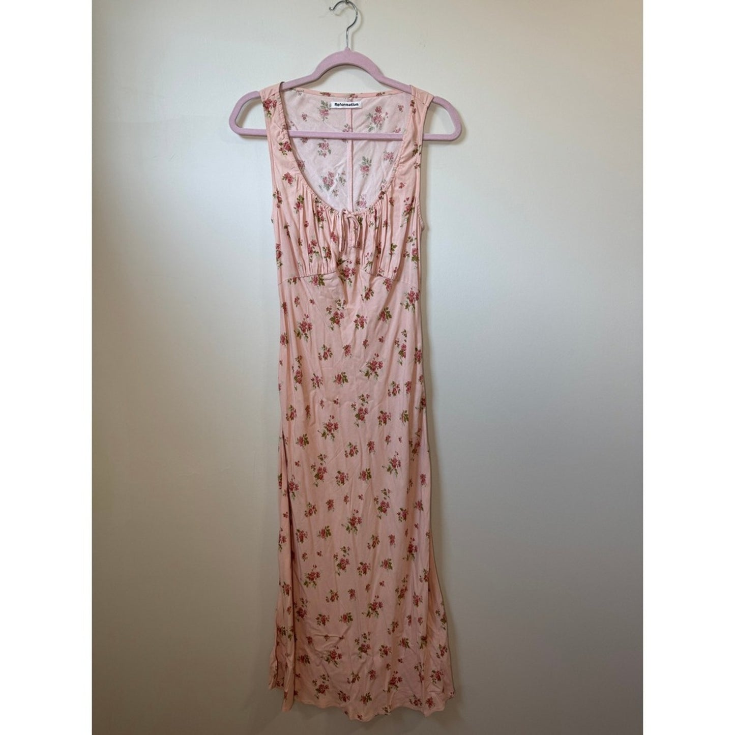 Reformation Pink Floral Midi Dress Milkmaid Gathered Bust Sleeveless Slit Pink