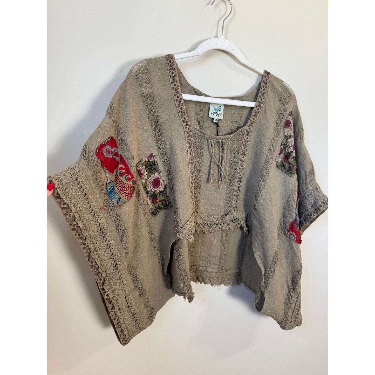 Jaded Gypsy Boho Patchwork Poncho Top Tunic Kimono Khaki