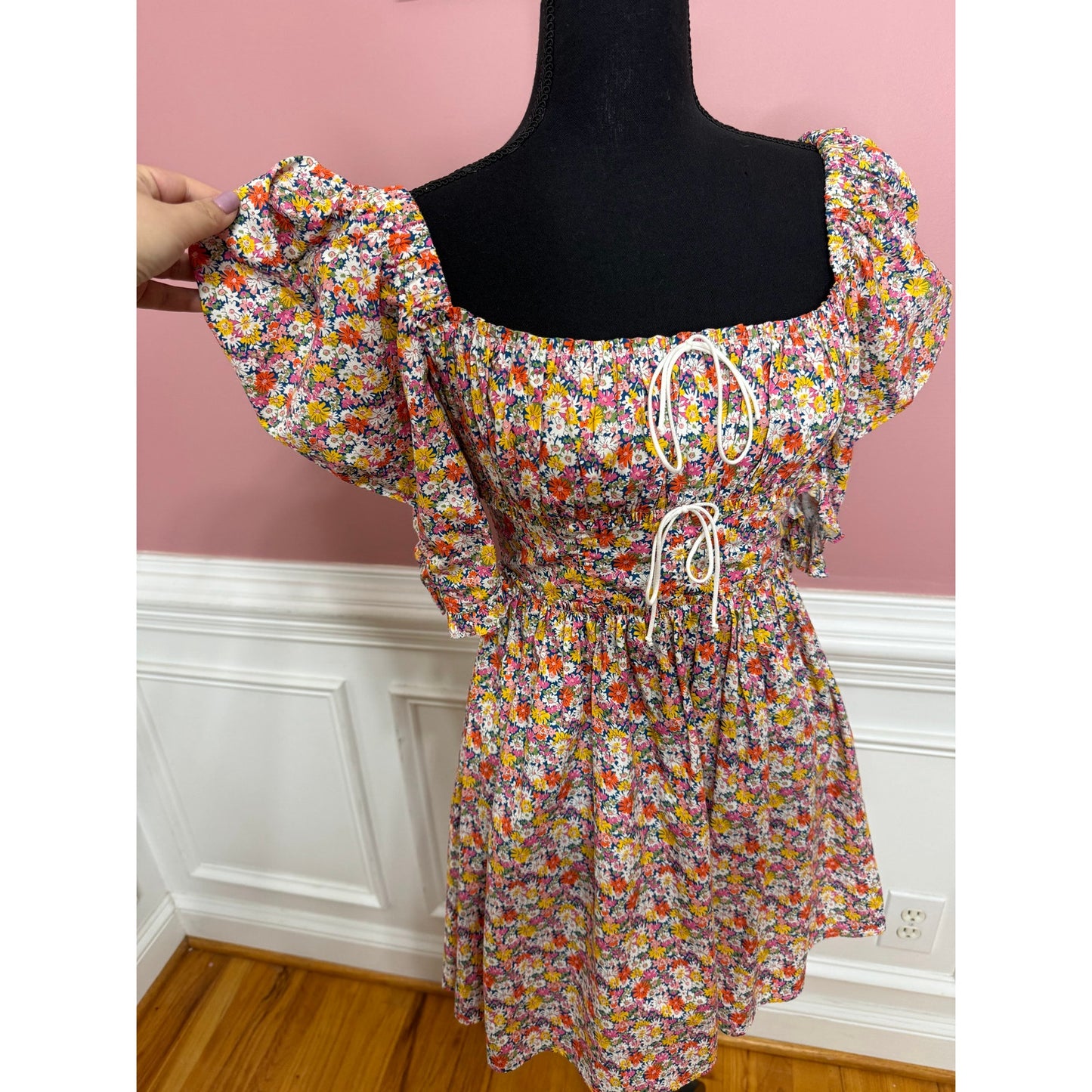 For Love & Lemons Libby Mini Dress in Orange Floral Small Short Sleeve Lined