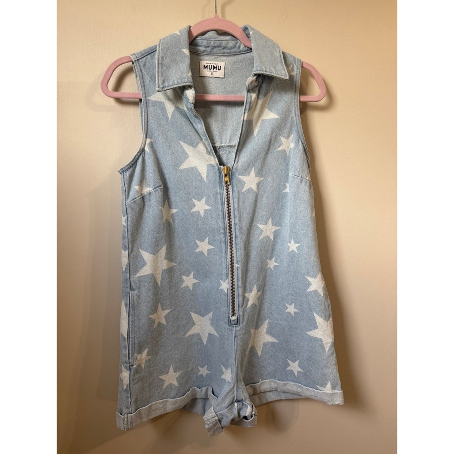 Show Me Your Mumu Star Print Denim Romper Light Wash Sleeveless Zip Front Small
