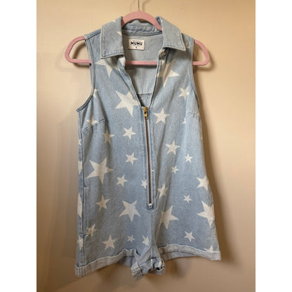 Show Me Your Mumu Star Print Denim Romper Light Wash Sleeveless Zip Front Small