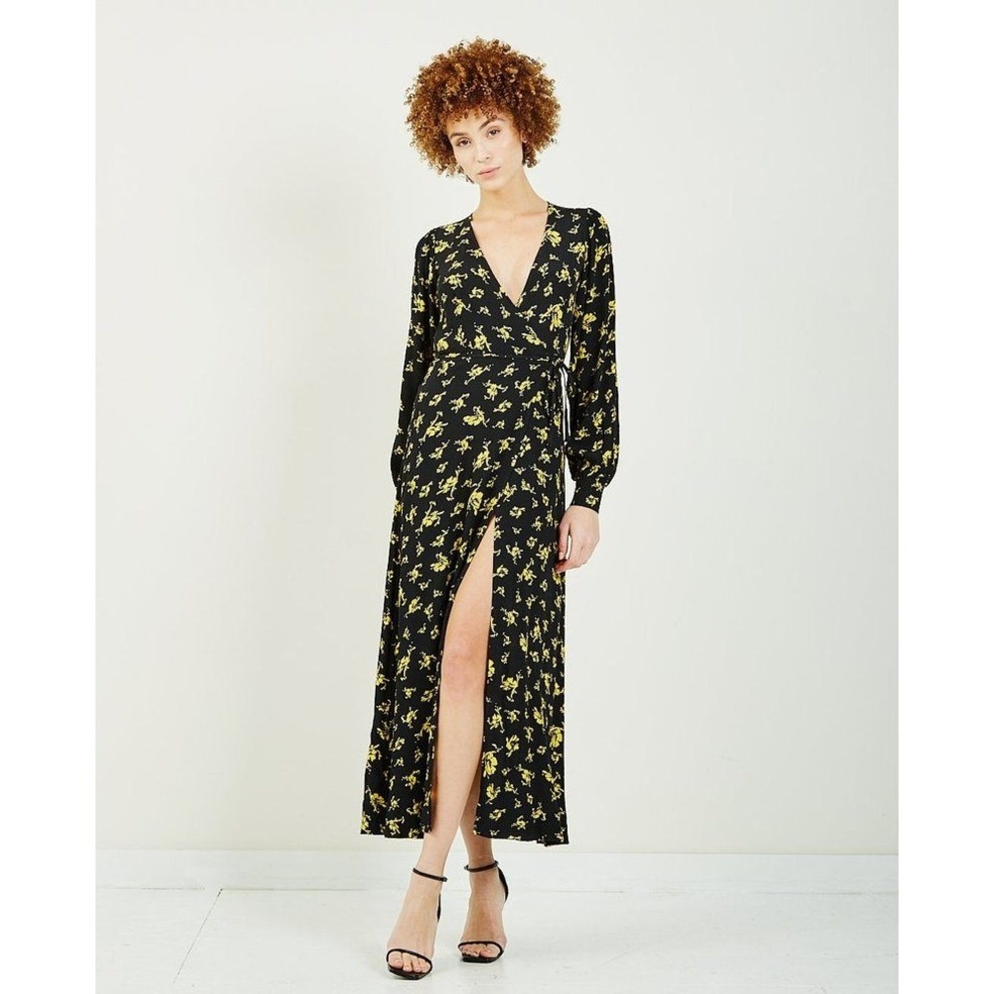 GANNI Black Yellow Floral Print Long Sleeve Wrap Maxi Dress Size 38