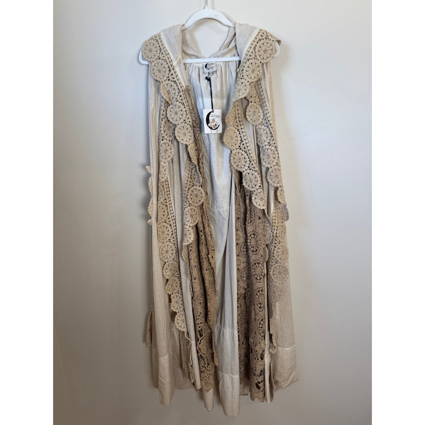 Jaded Gypsy Willow Wind Long Duster Vest Kimono Lace Trim Beige Boho Festival