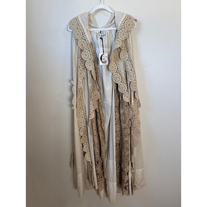 Jaded Gypsy Willow Wind Long Duster Vest Kimono Lace Trim Beige Boho Festival