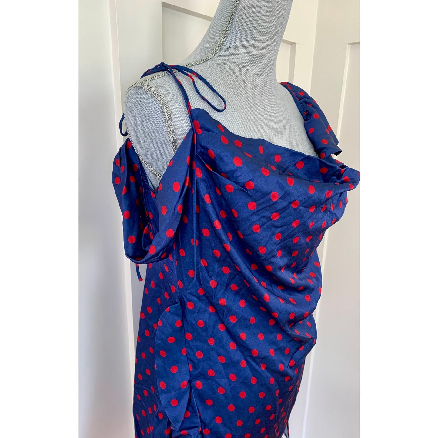 For Love & Lemons Dolores Mini Dress in Blue Size XL Polka Dots Off Shoulder