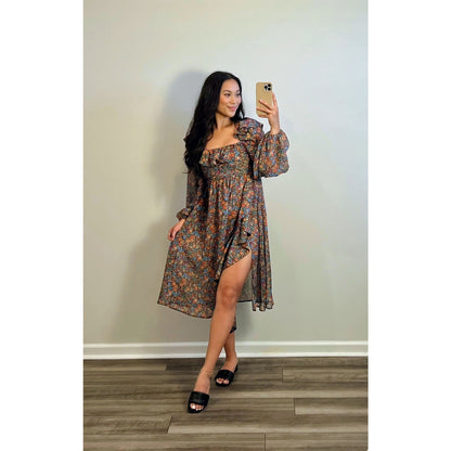 For Love & Lemons Brittany Midi Dress in Blue Size XS Ditsy Floral Long Sleeve