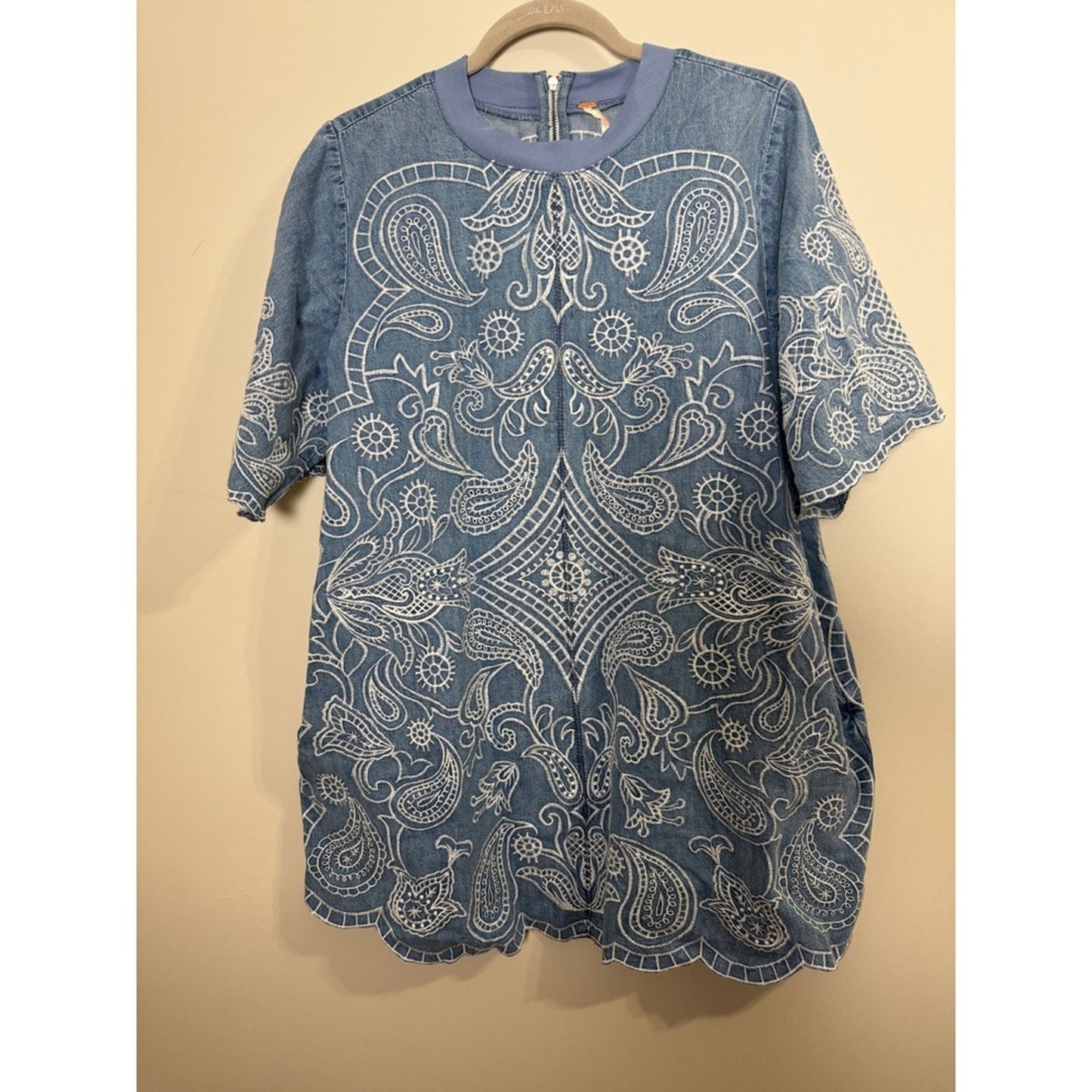 Free People Embroidered Denim Mini Dress Blue Paisley Scalloped Hem NWT