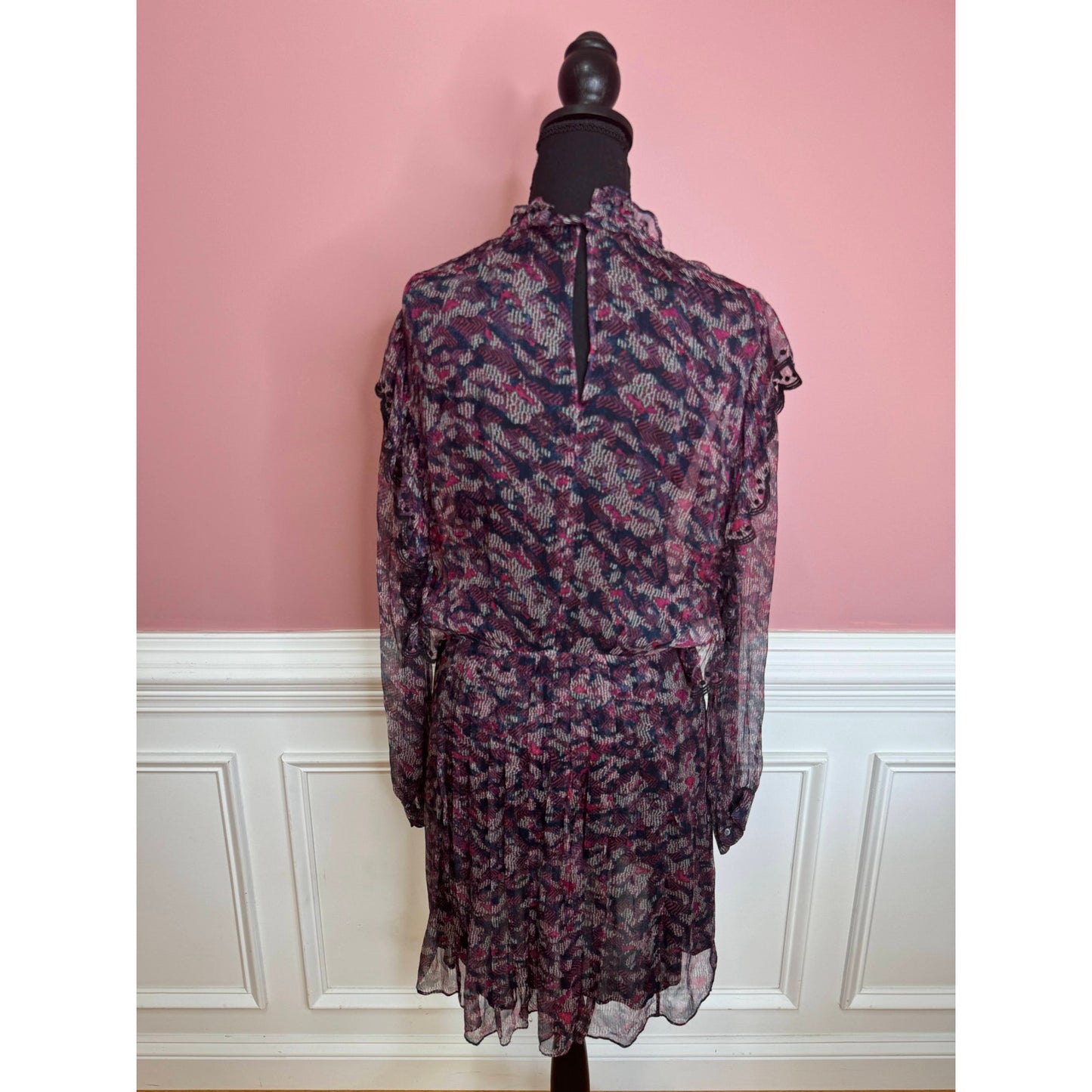 IRO Tinkle Mini Dress Size 18W Sheer Viscose Printed High Neck Long Sleeve