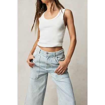 We The Free Piper Mid-Rise Crop Wide-Leg Jeans in Blue Striped Size 30 Denim