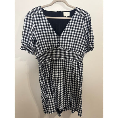 Sezane Black White Gingham Smocked Waist V-Neck Mini Dress Short Puff Sleeve 42