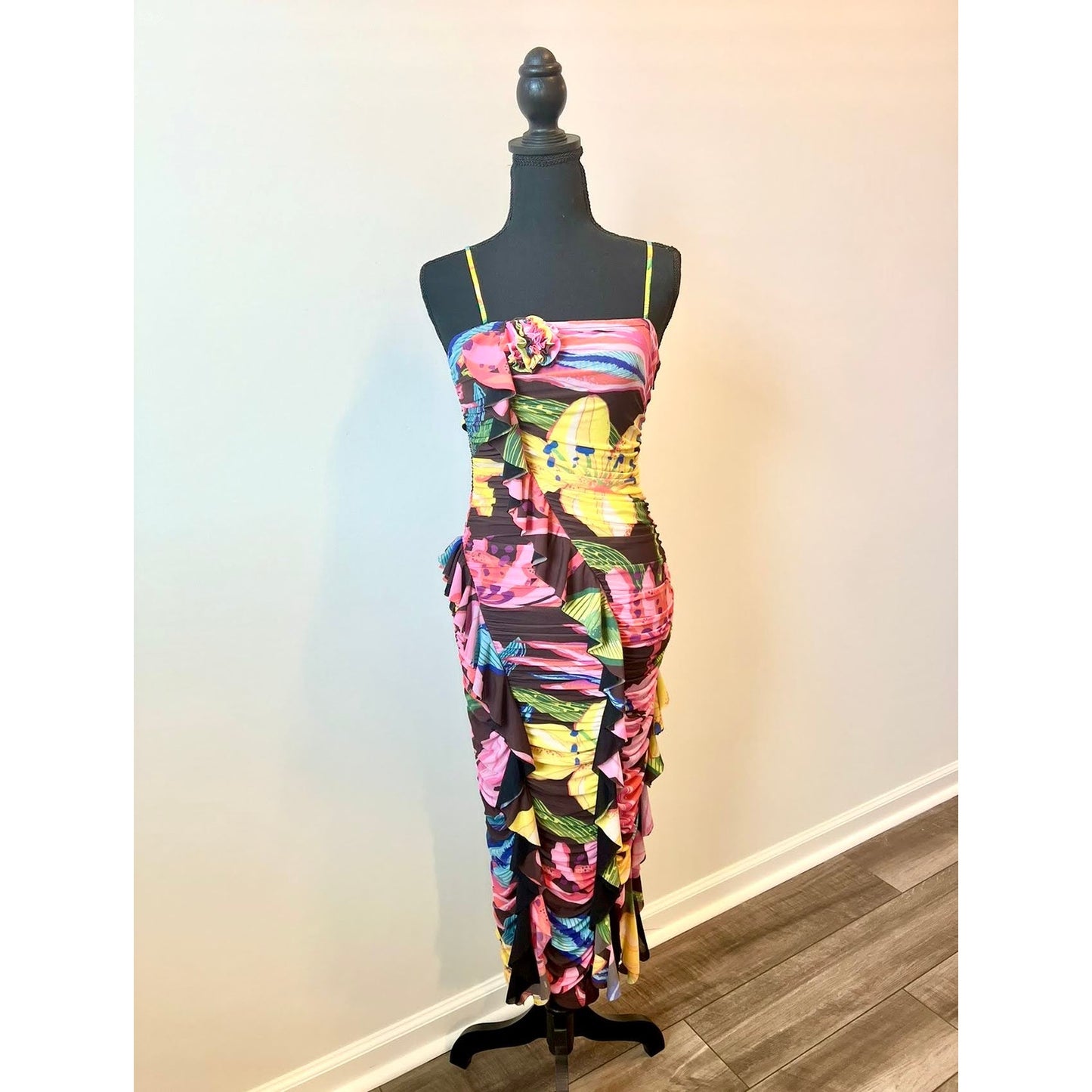 Rococo Sand Chris Midi Dress in Black Small Floral Ruffle Ruched Stretch Lined
