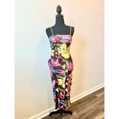 Rococo Sand Chris Midi Dress in Black Small Floral Ruffle Ruched Stretch Lined