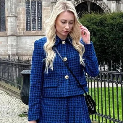 NEW Zara Blogger Fave Royal Blue Tweed Houndstooth Crop Blazer Gold Buttons SIze Small