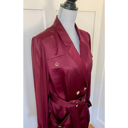 Karen Millen Sheer and Opaque Belted Dress in Burgundy Size 10 Mini Long Sleeve