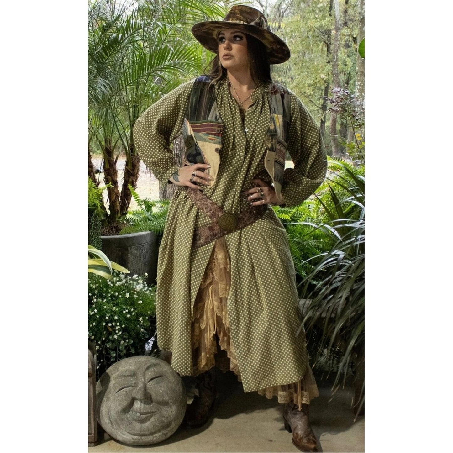 Jaded Gypsy Olive Green Polka Dot Button Down Midi Dress  Boho Lagenlook