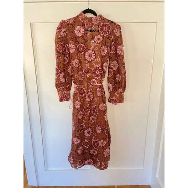 FARM Rio Floral Lace Midi Dress Mock Neck Puff Sleeve Belted Brown Pink Size M