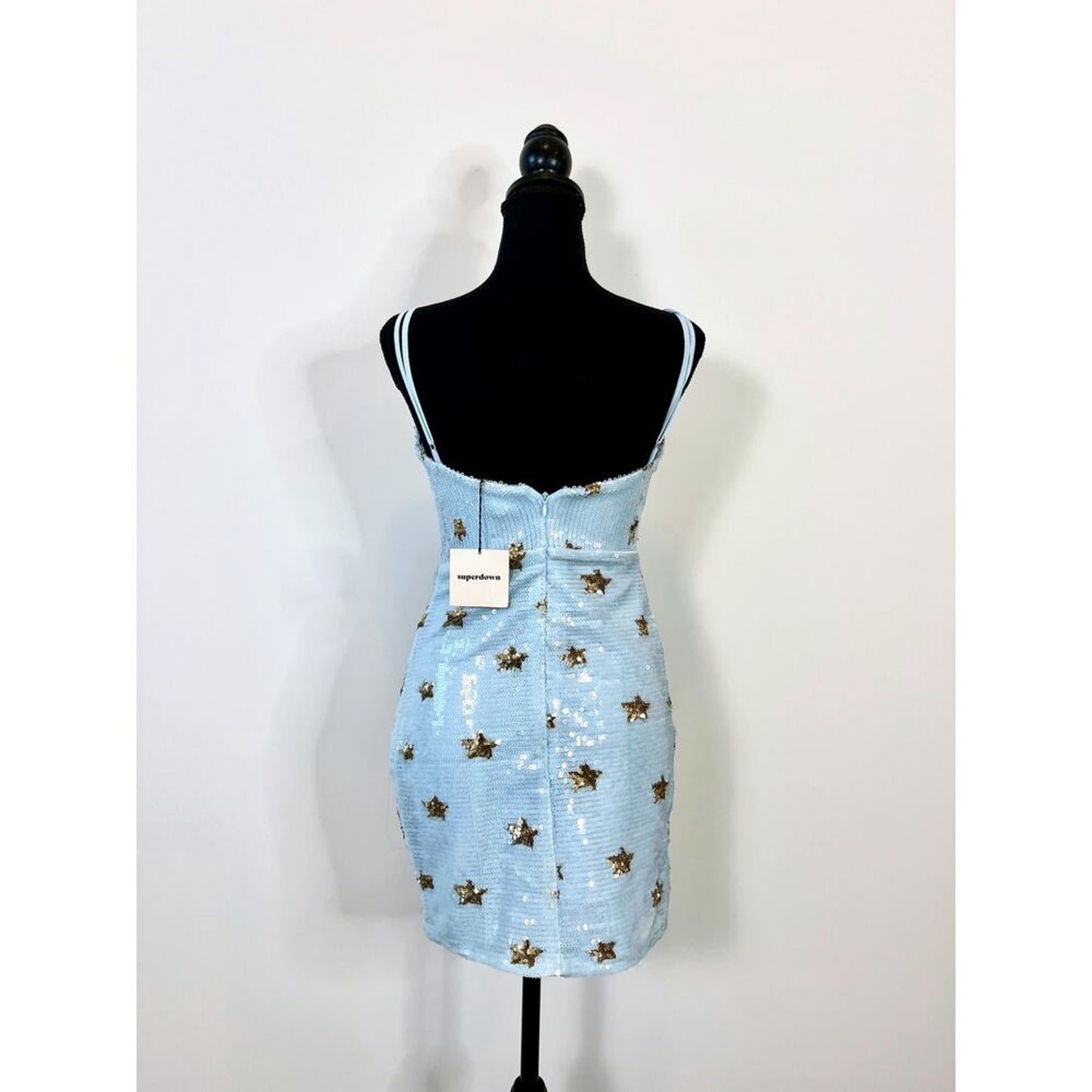 Superdown Dina‎ Mini Dress in Sky Blue/Gold Star Small Sequins Sleeveless Party