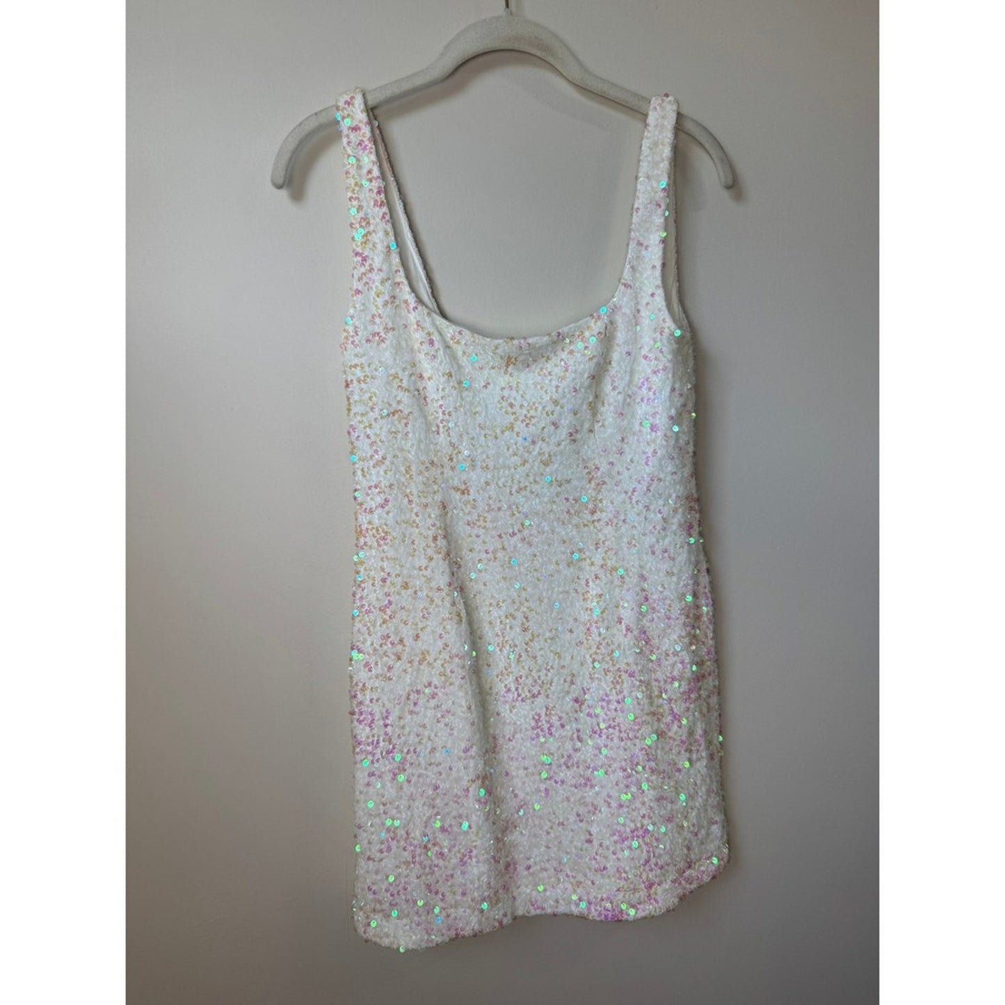 Show Me Your Mumu Womens White Iridescent Sequin Mini Dress Square Neck Small