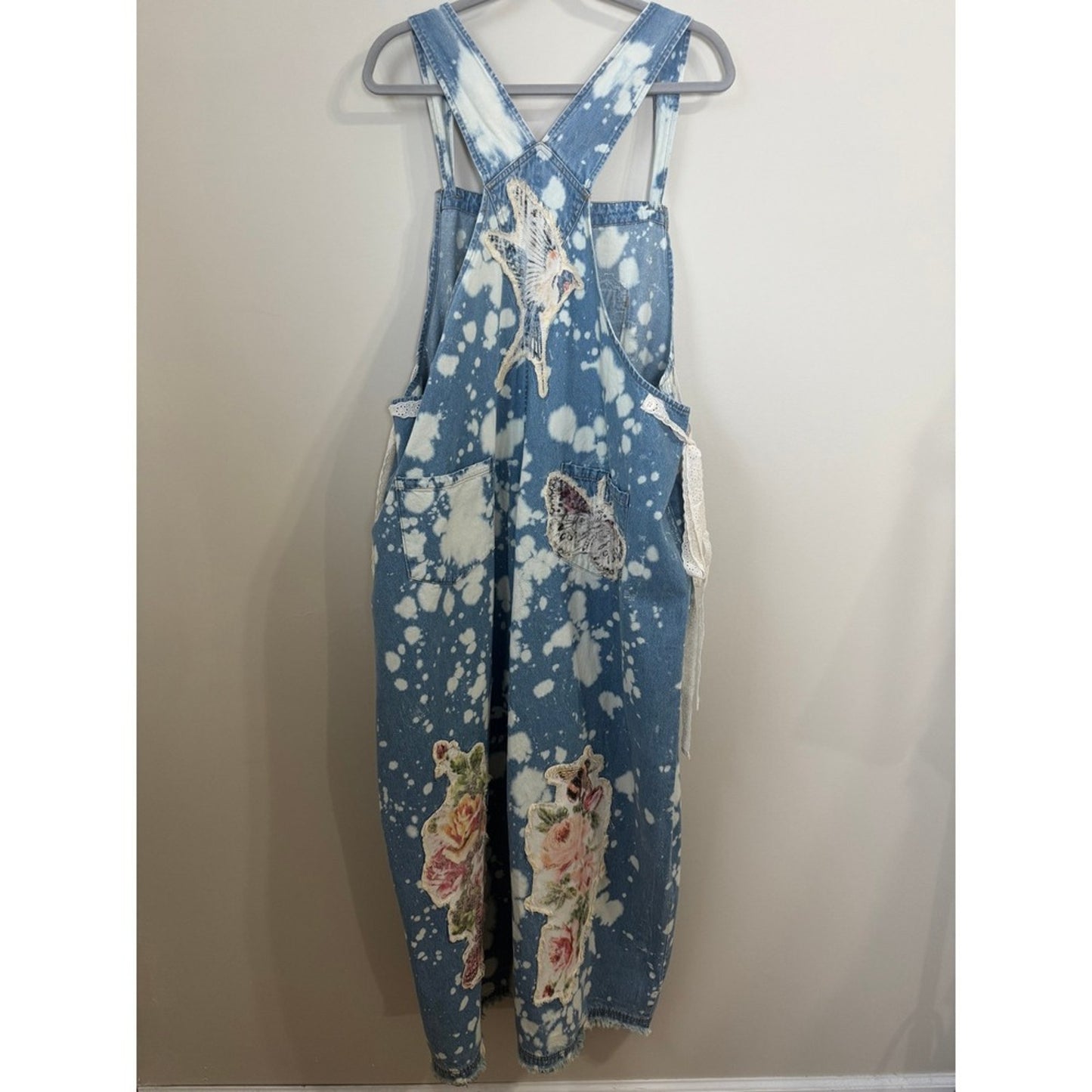 A Rare Bird Shop Custom Denim Overalls Acid Wash Floral Butterfly Lace Heart OS
