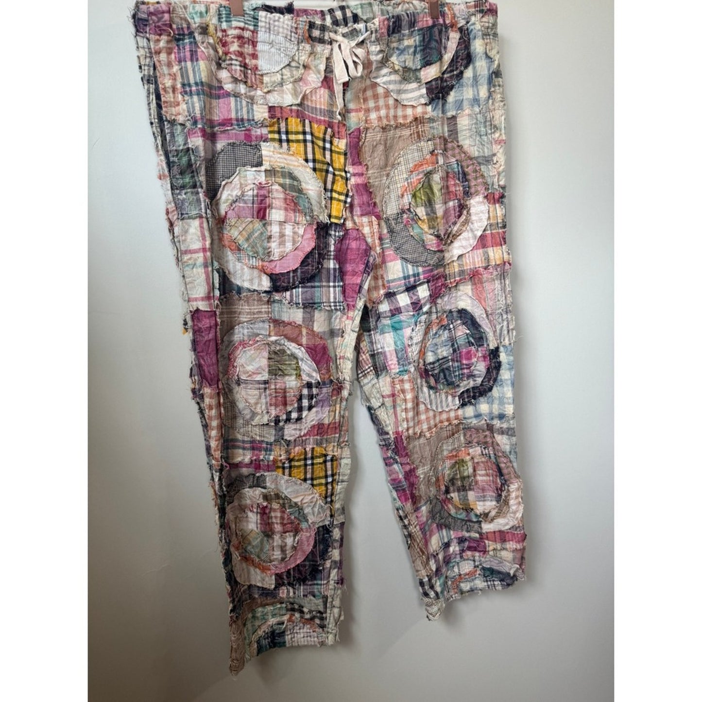 Jaded Gypsy Women Patchwork Plaid Boho Pants Straight Leg Drawstring
