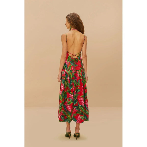 Farm Rio Tropical Maxi Dress Red Green Floral Spaghetti Strap Open Back XL
