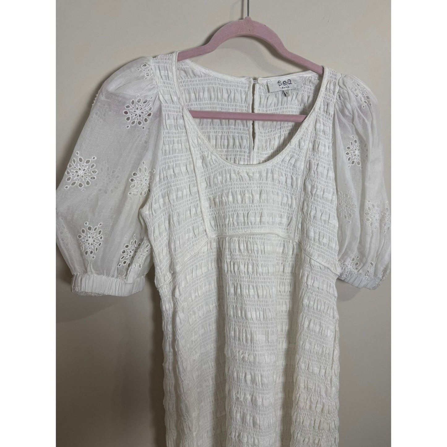 SEA NY White Eyelet Puff Sleeve Smocked Midi Dress