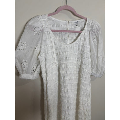 SEA NY White Eyelet Puff Sleeve Smocked Midi Dress