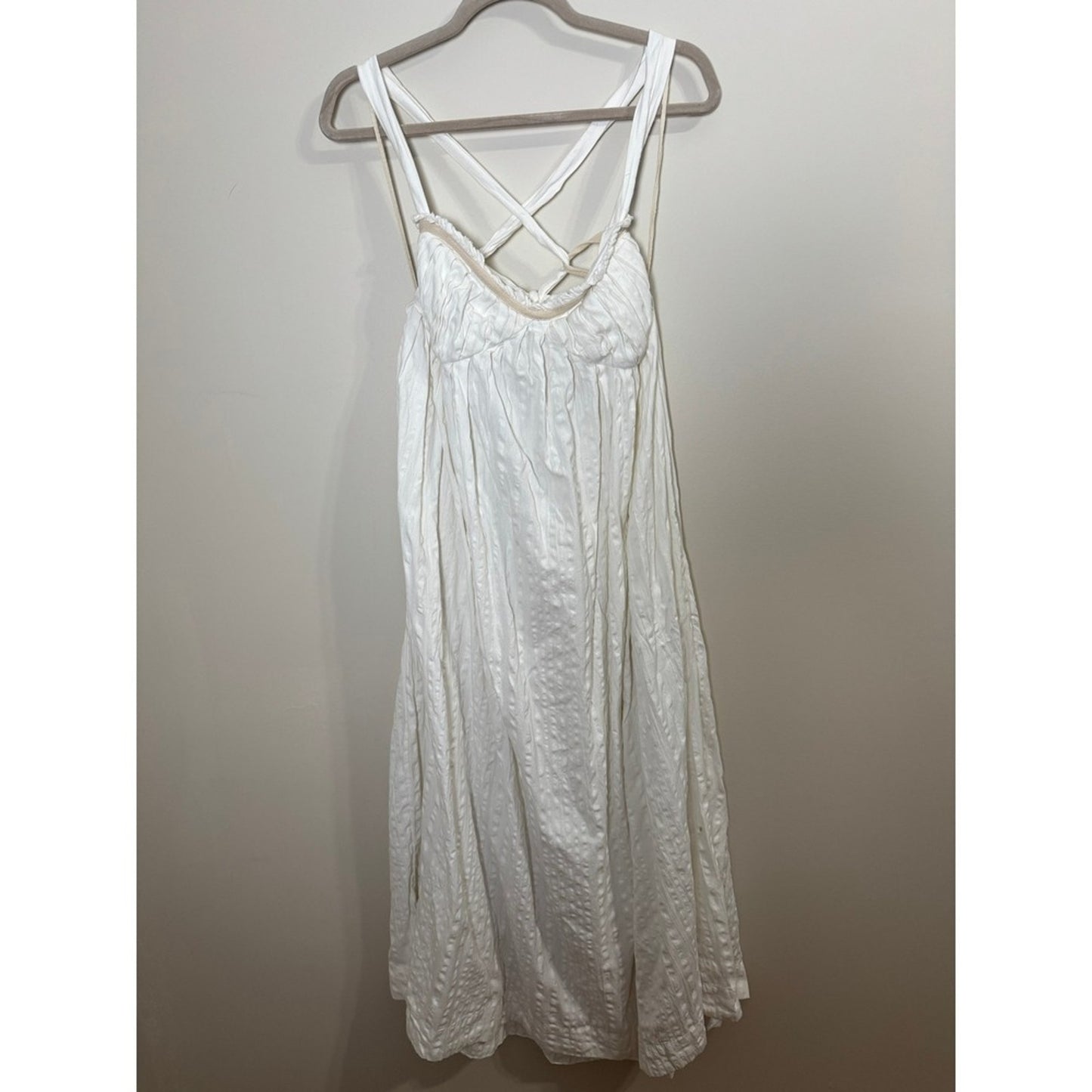 Free People White Textured Midi Dress Bohemian Open Back Tie Straps Womens Large