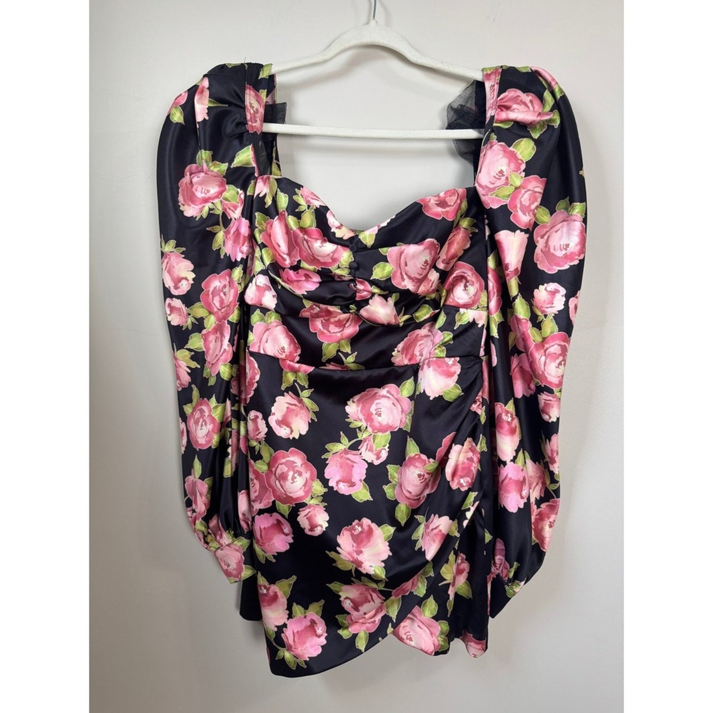 House of CB Black Pink Floral Satin Puff Sleeve Mini Dress Size L Rose Print