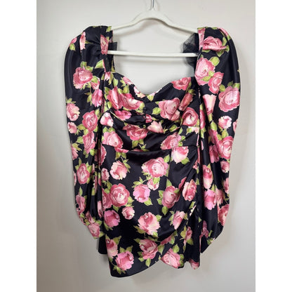 House of CB Black Pink Floral Satin Puff Sleeve Mini Dress Size L Rose Print
