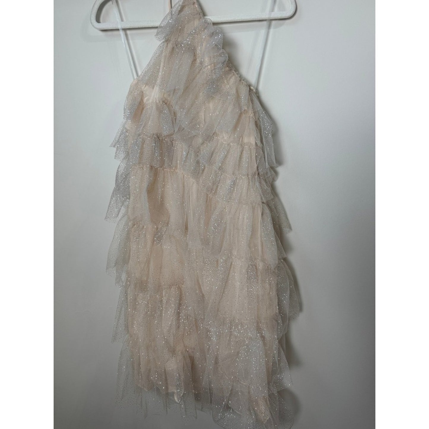 The Bar Tiered Glitter Tulle Lou Mini Dress Champagne Pink Halter Party Size 0