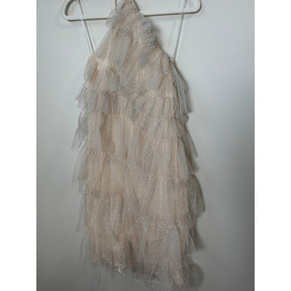 The Bar Tiered Glitter Tulle Lou Mini Dress Champagne Pink Halter Party Size 0