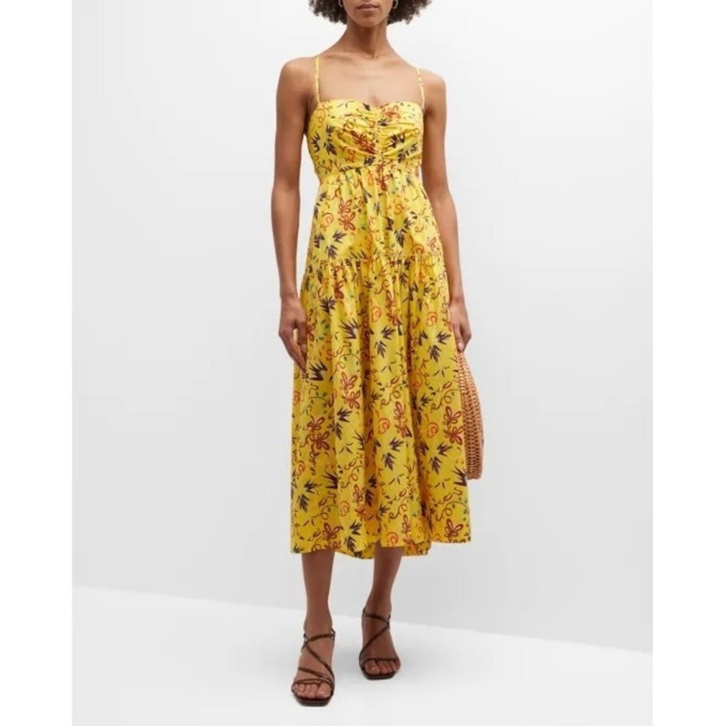 ALC Yellow Floral Ruched Tiered Open Back Midi Dress Womens