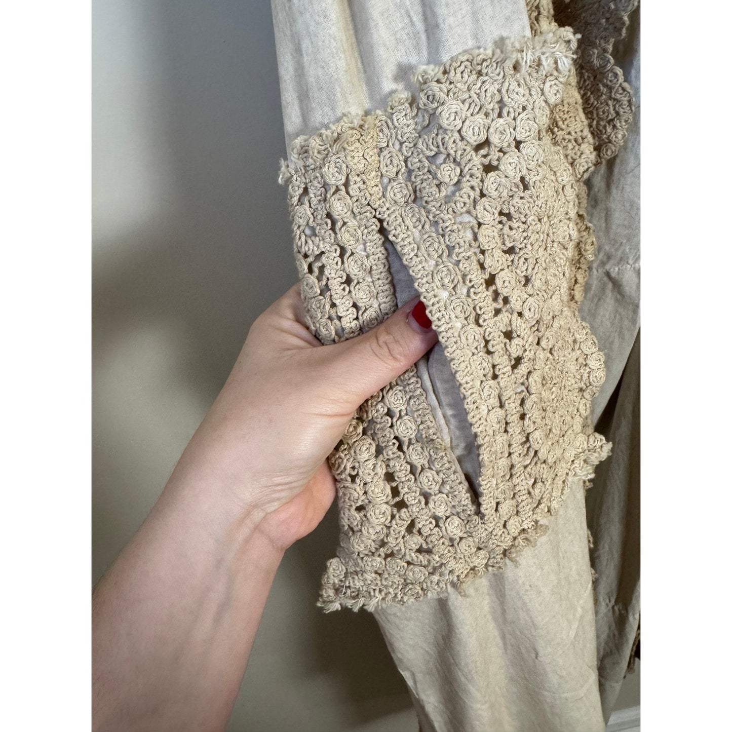 Jaded Gypsy Willow Wind Long Duster Vest Kimono Lace Trim Beige Boho Festival