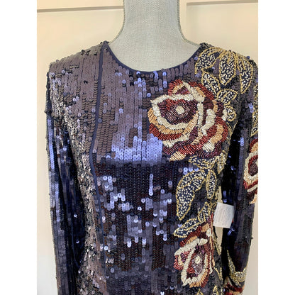 Mac Duggal Metallic Floral Midi Sequin in Midnight Dress Size 8 Long Sleeve
