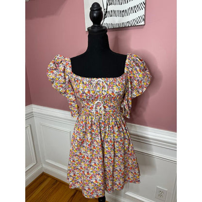 For Love & Lemons Libby Mini Dress in Orange Floral‎ Small Short Sleeve Lined