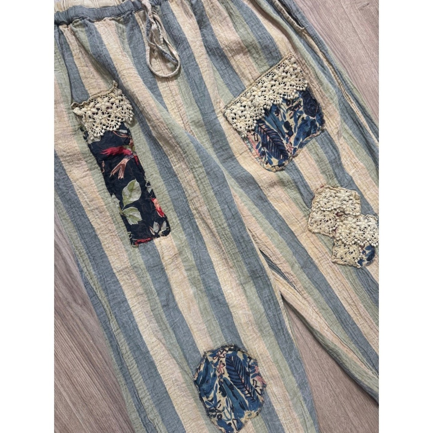 Jaded Gypsy Striped Patchwork Lace Ruffle Wide Leg Pants Blue Cream Boho