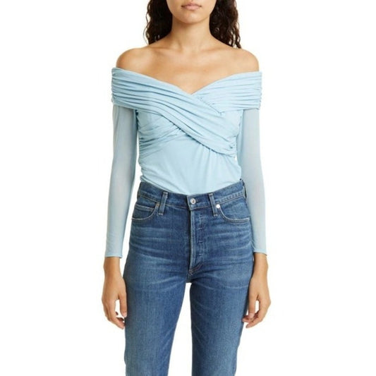 Self Portrait Light Blue Ruched Mesh Jersey Crossover Long Sleeve Top Size 0