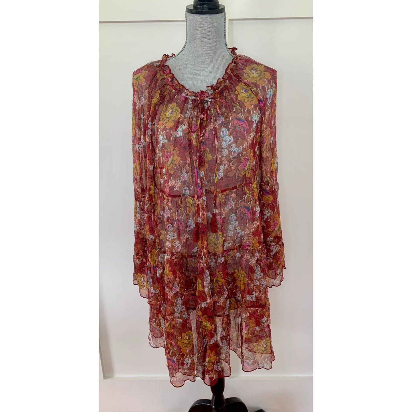 Johnny Was Daisy Mini Dress in Multi Floral Small Long Sleeve Ruffle Sheer Silk