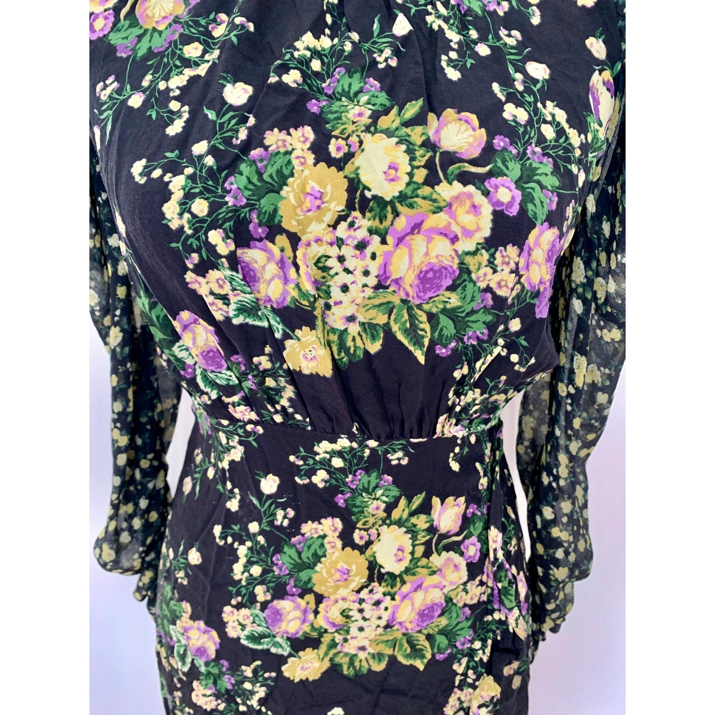 For Love & Lemons Hi-Low Dress in Black Floral Small Long Sleeve Open Tie Back