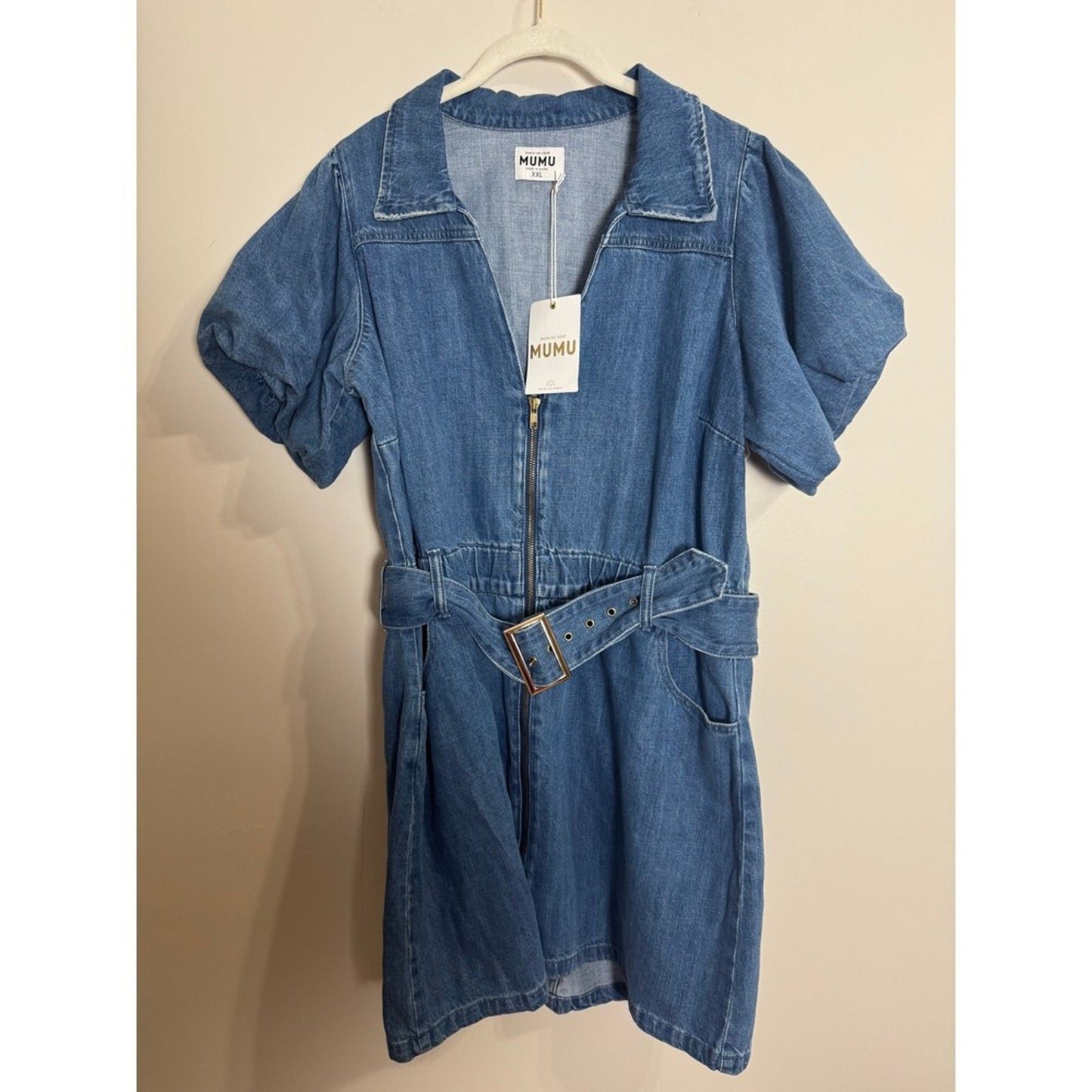 Show Me Your Mumu Denim Mini Dress Puff Sleeve Belted Zip Front Blue XXL NWT