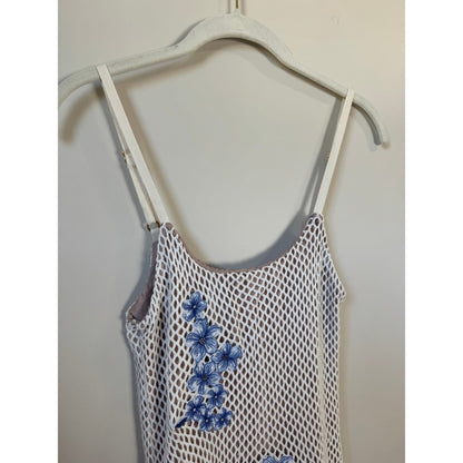 Agua Bendita White Fishnet Mesh Blue Floral Embroidered Midi Dress Bodycon Lined