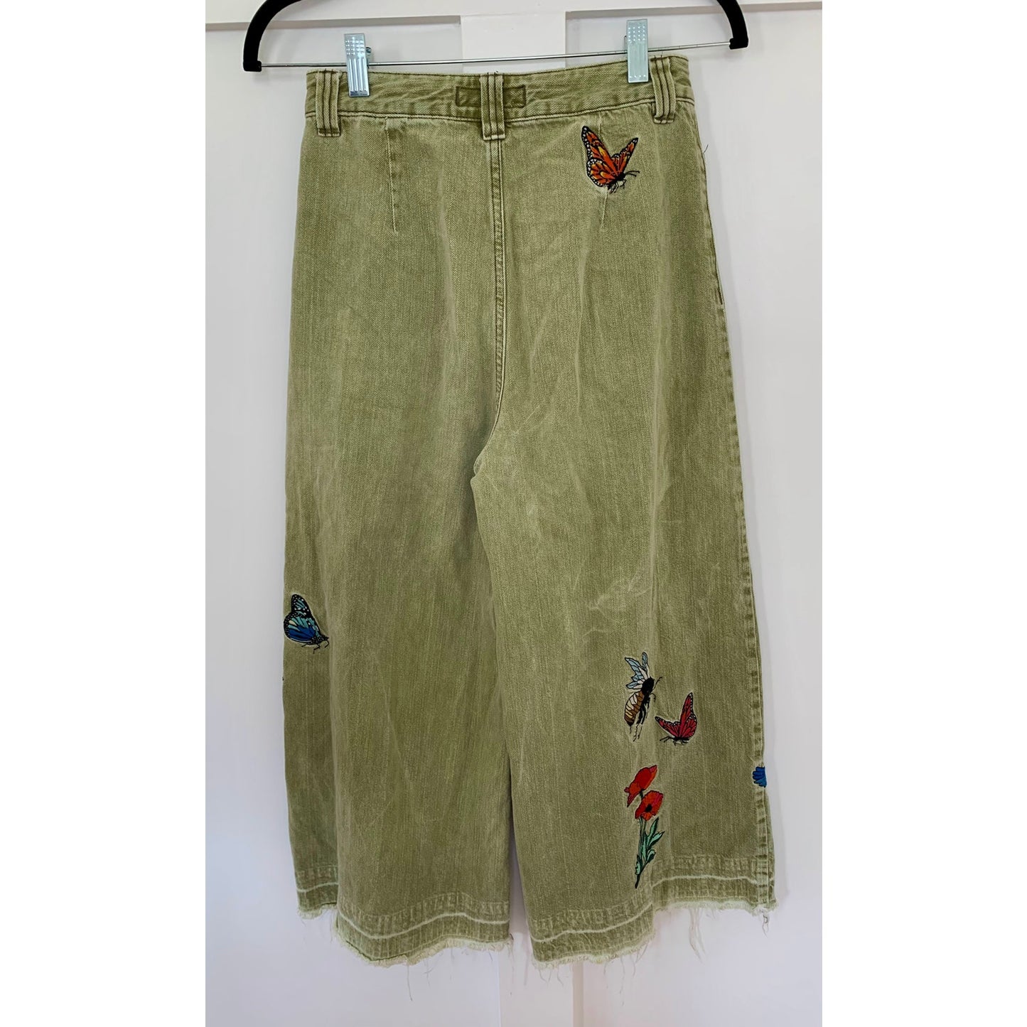We The Free Wide Leg Jeans in Army Green Sz 26 Denim Ultra High Rise Embroidered