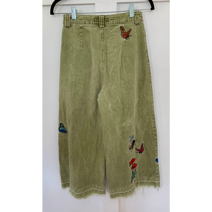 We The Free Wide Leg Jeans in Army Green Sz 26 Denim Ultra High Rise Embroidered