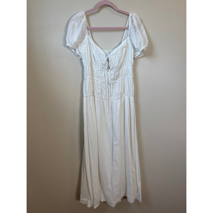 Reformation Rhett Linen Dress White Puff Sleeve Smocked Midi Dress Size 8 NWT