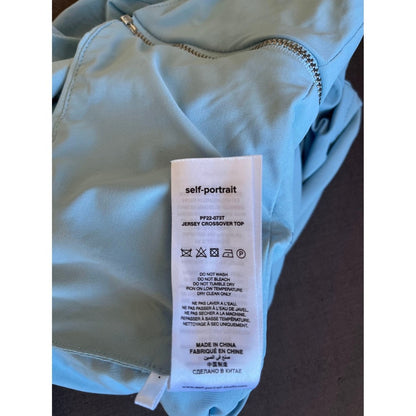 Self Portrait Light Blue Ruched Mesh Jersey Crossover Long Sleeve Top Size 0