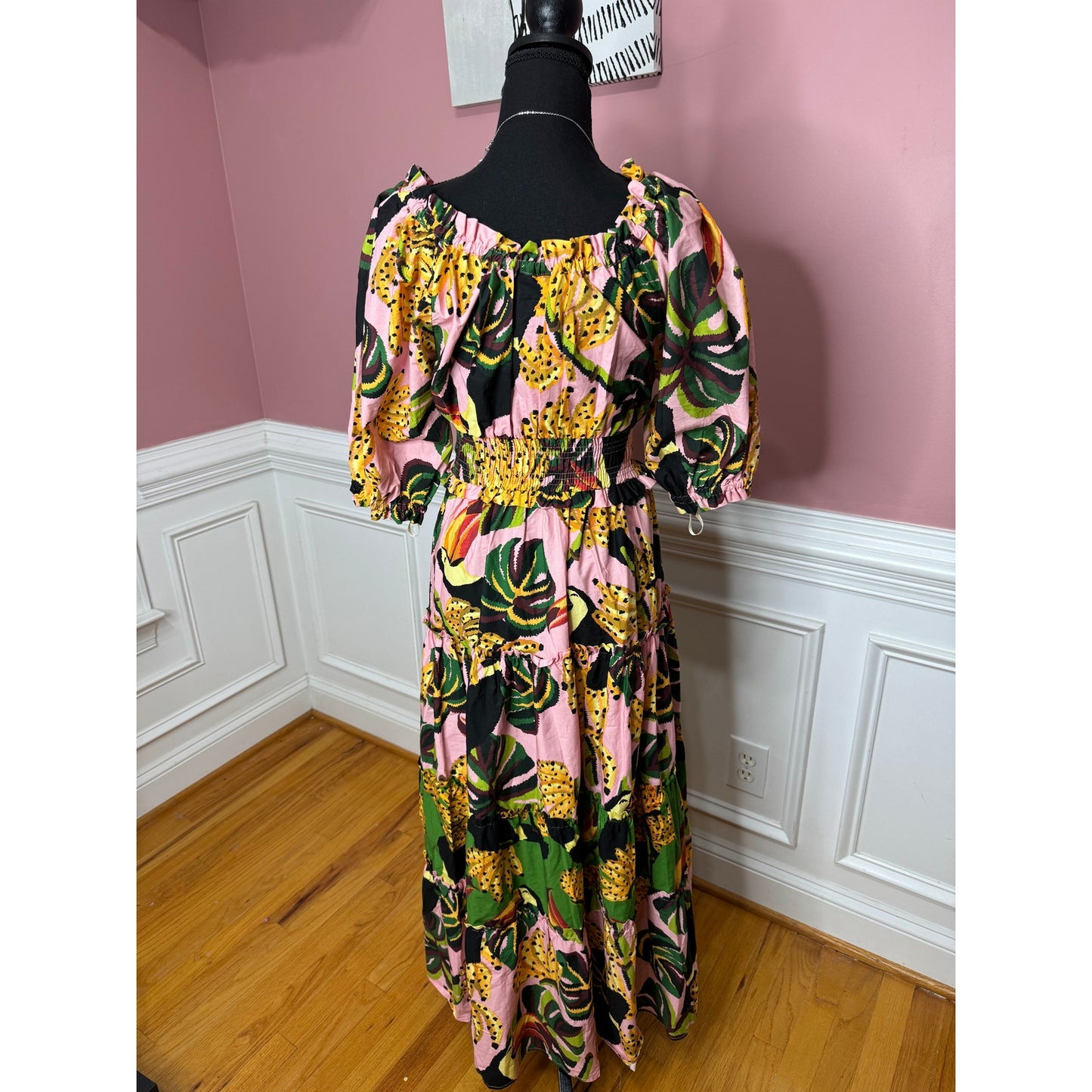 Farm Rio The Pink Toucananas Maxi Dress Size XS Graphic Print 3/4 Sleeve Cotton